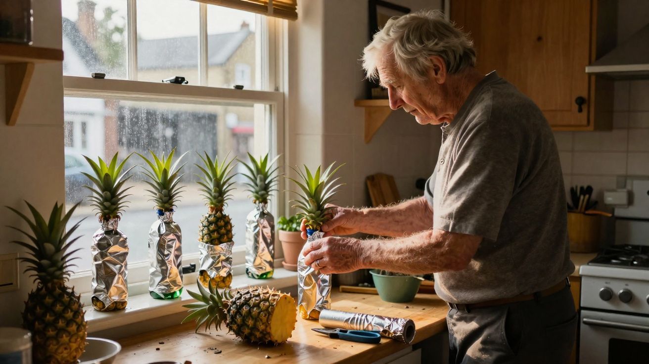 Homem idoso envolve abacaxis em papel alumínio em uma cozinha iluminada por luz natural.