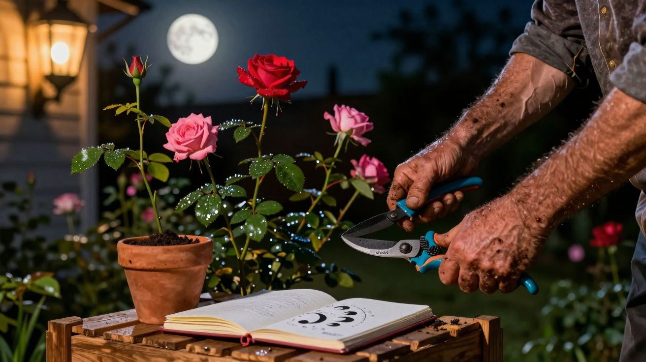 Pessoa podando rosas ao luar com livro aberto sobre fases da lua em mesa de madeira.