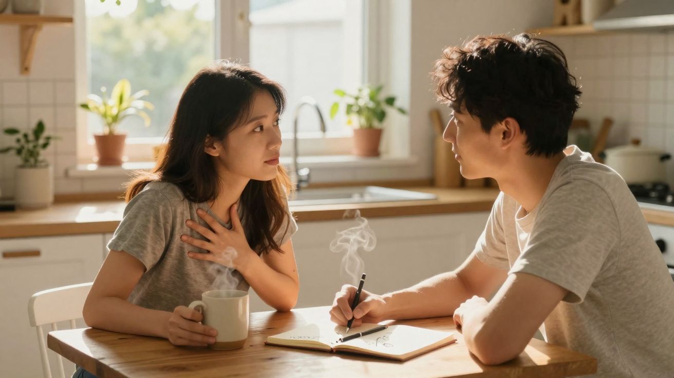 Casal conversando na cozinha, mulher segurando caneca e homem escrevendo em caderno sobre mesa de madeira.