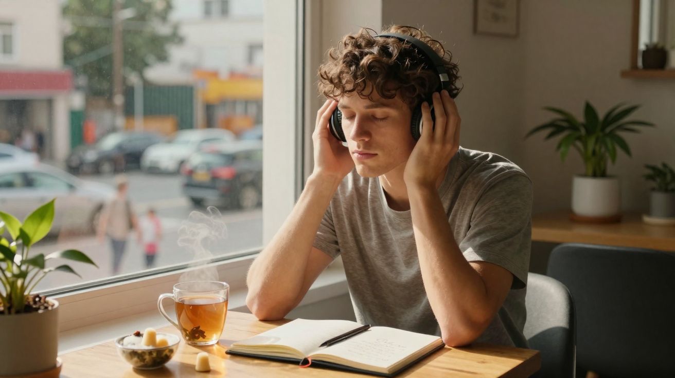 Jovem com fones de ouvido escuta música, sentado à mesa com caderno aberto e chá fumegante perto da janela.