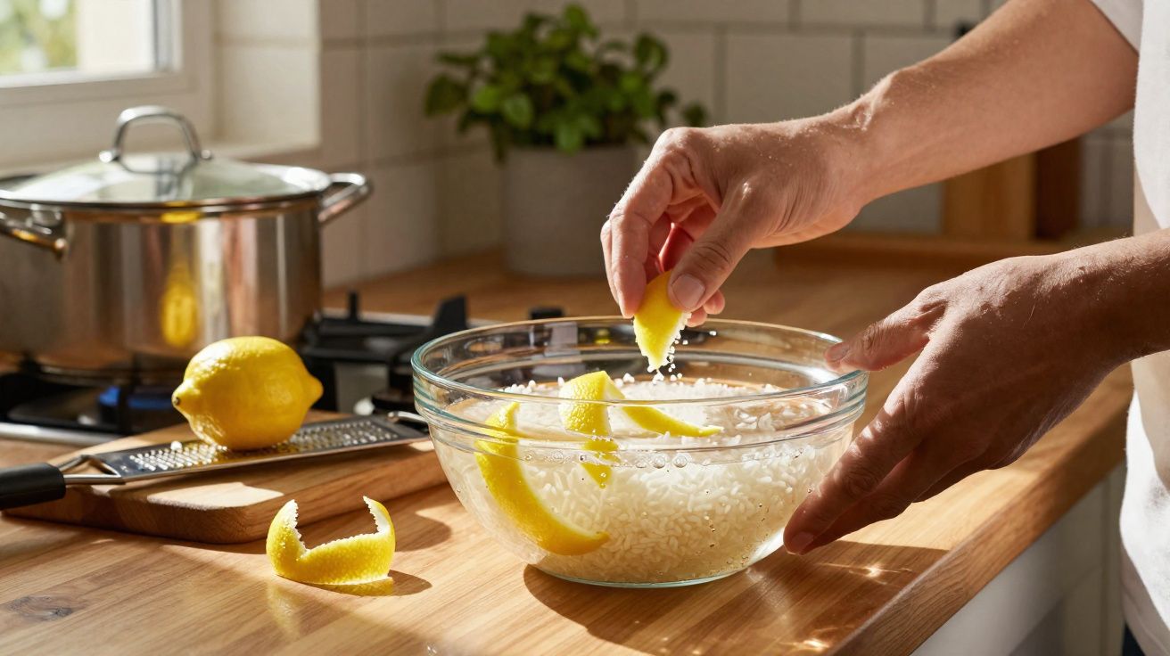 Mãos seguram limão sobre tigela com arroz e cascas, em bancada de cozinha com panela.