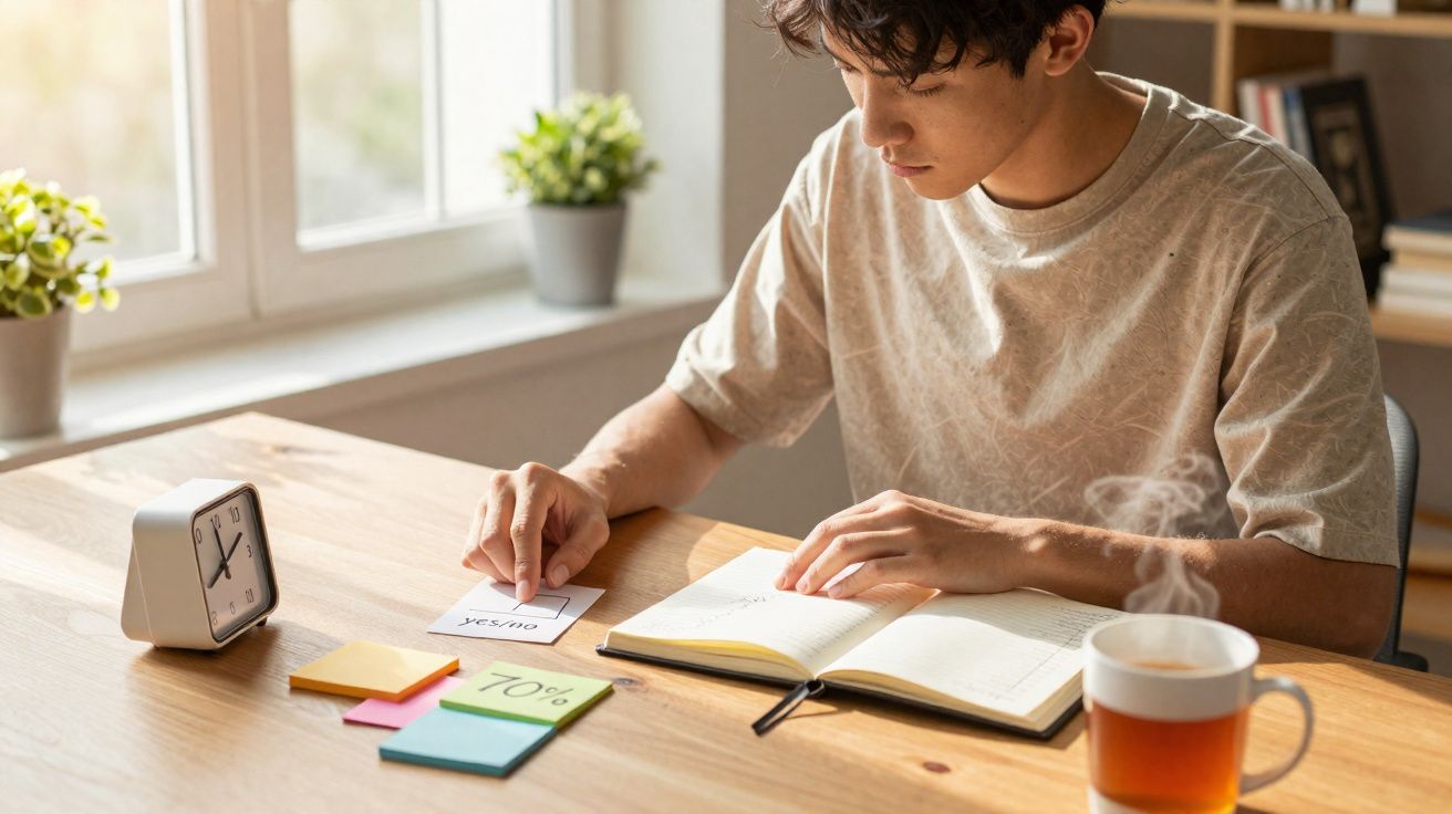 Jovem sentado à mesa estudando com livro aberto, notas adesivas e xícara de chá ao lado.