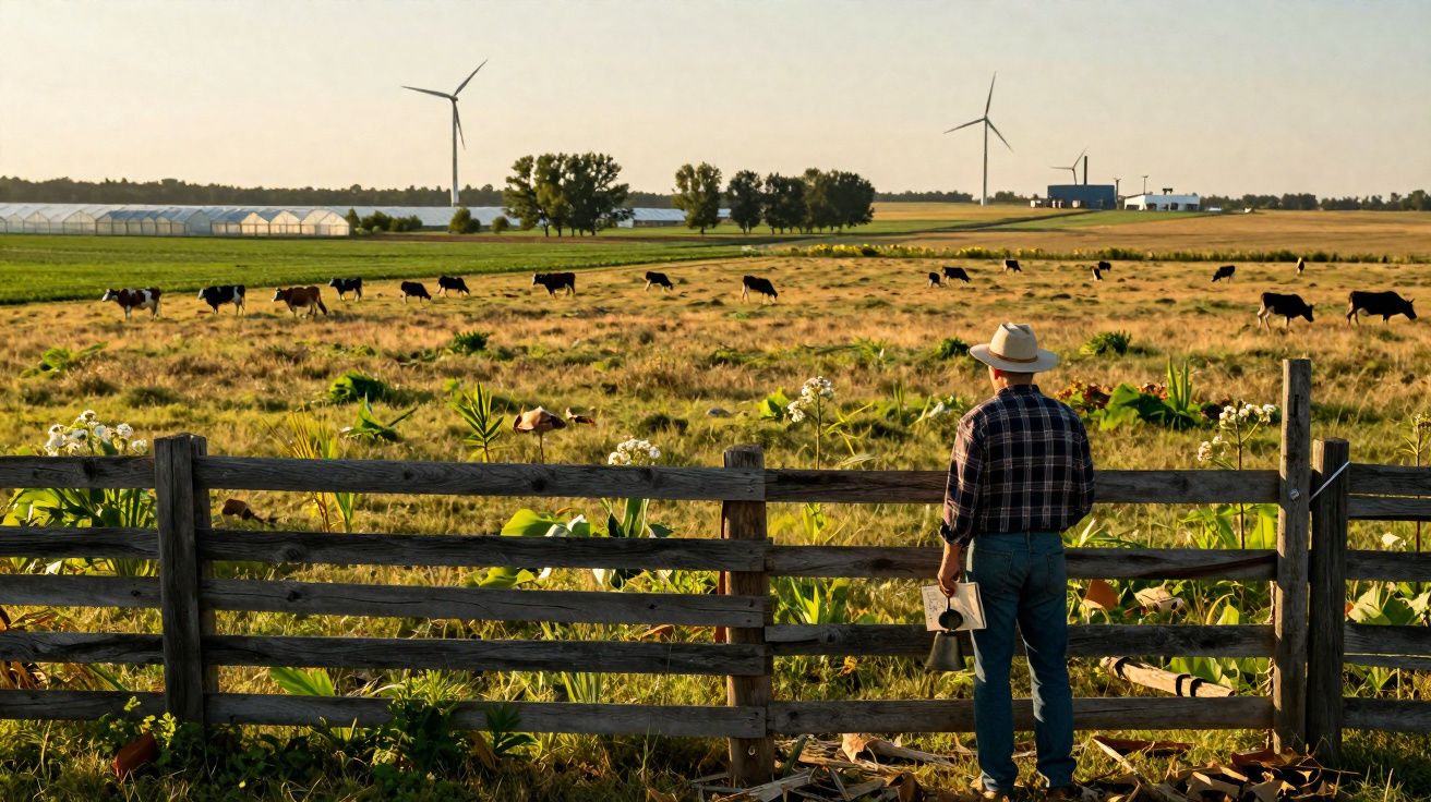 Homem com chapéu observa vacas pastando em campo com cata-ventos ao fundo ao pôr do sol.
