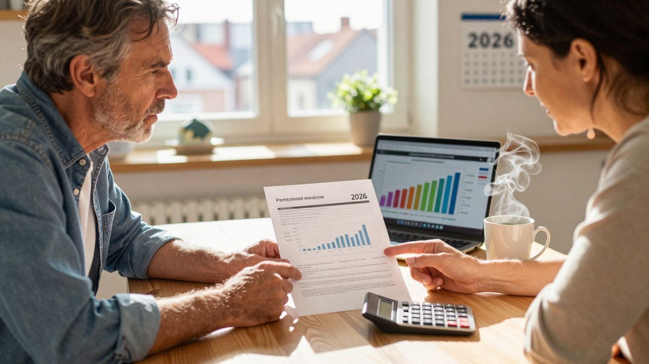 Dois adultos analisando gráficos financeiros impressos e no laptop em ambiente de escritório iluminado.