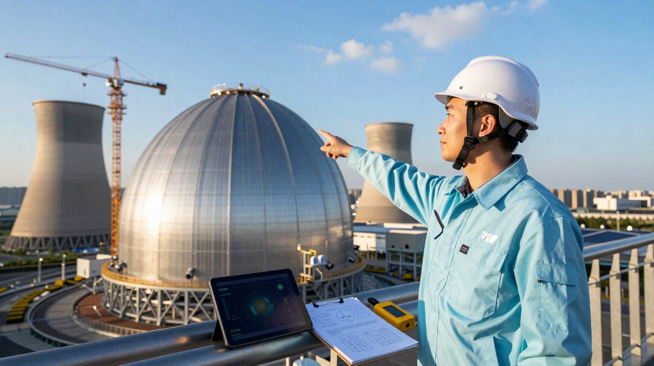 Engenheiro de segurança com capacete em usina nuclear apontando para reatores ao fundo durante o dia.