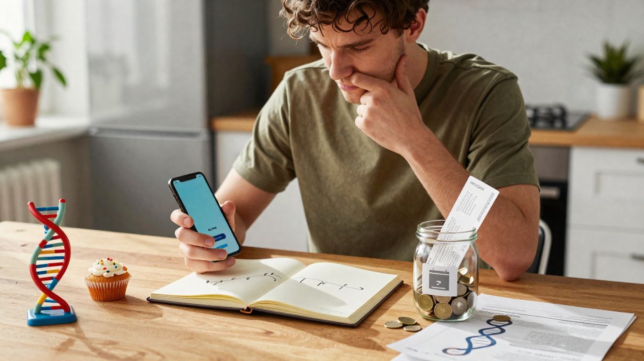 Homem sentado à mesa olhando celular, com livro aberto, cofrinho, cupcake e modelo de DNA na mesa.