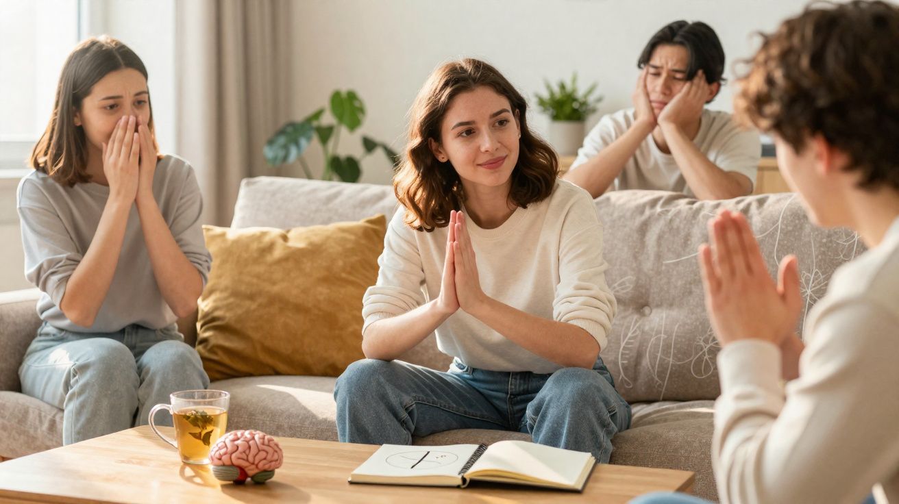 Jovens sentados em círculo em sala, participando de atividade de mindfulness, com expressão de concentração e calma.