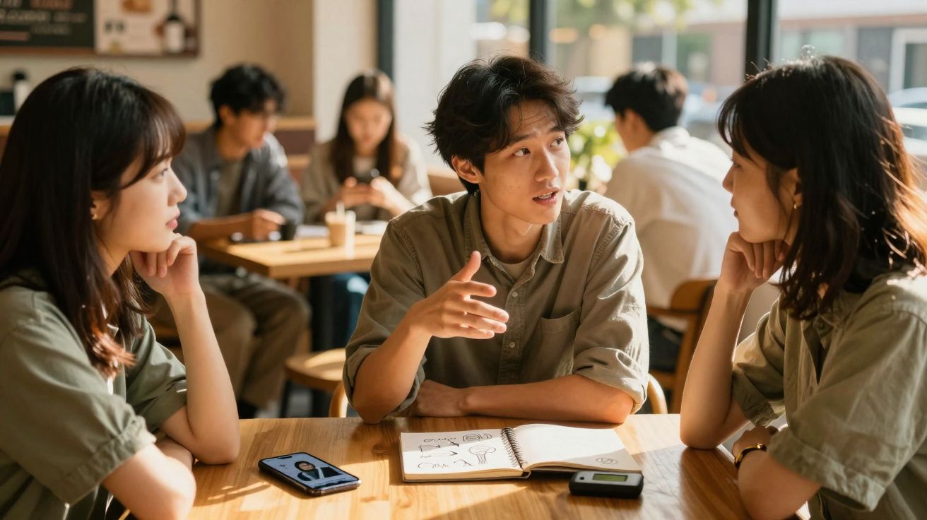 Três jovens conversando e discutindo ideias em uma mesa de cafeteria com cadernos e celulares.