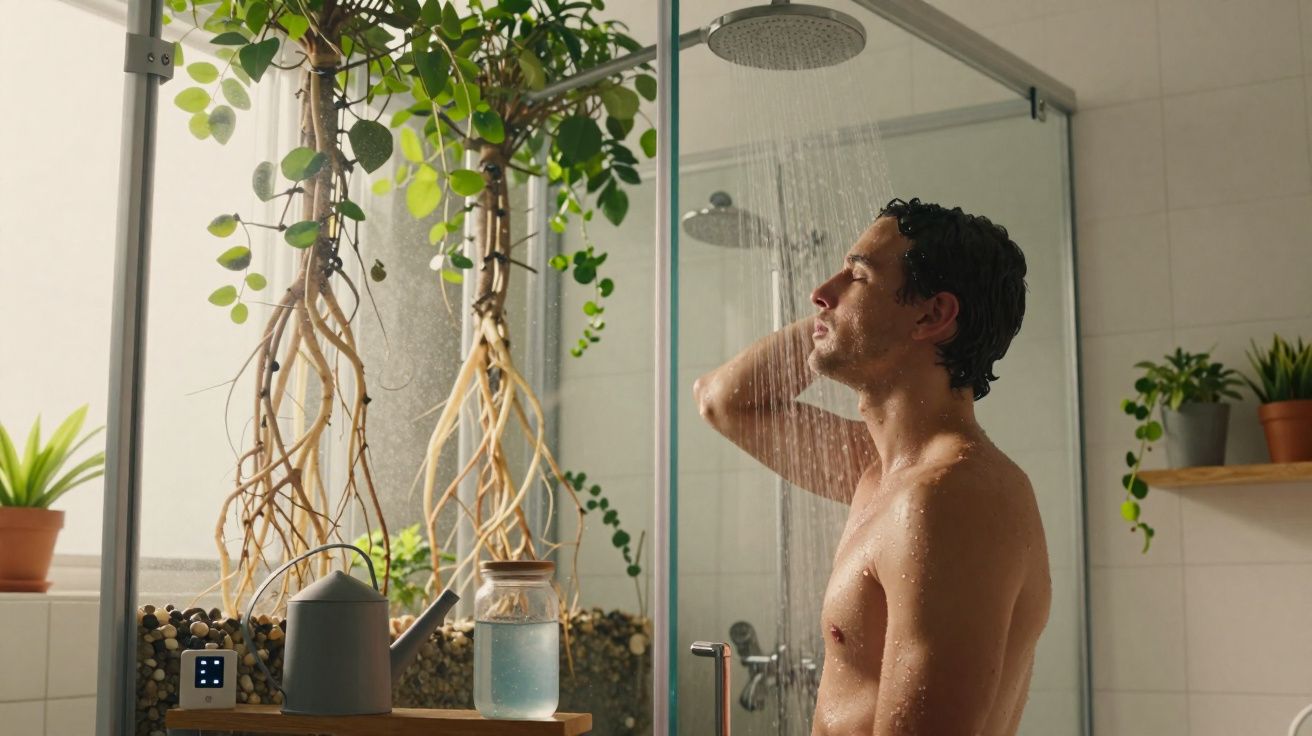 Homem tomando banho de chuveiro em banheiro com plantas e janela ampla.