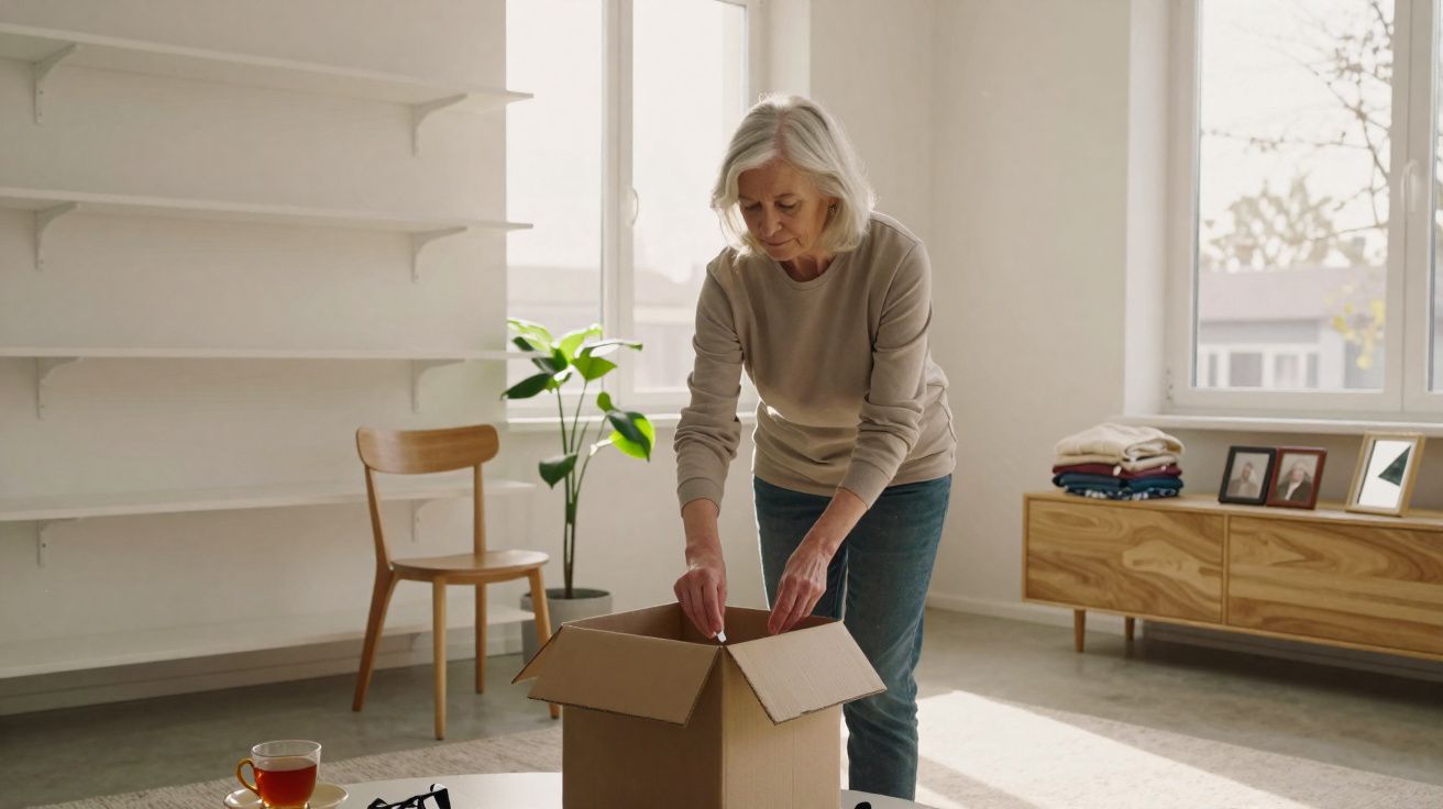 Mulher idosa desempacotando caixa em sala iluminada com móveis de madeira e planta ao fundo.