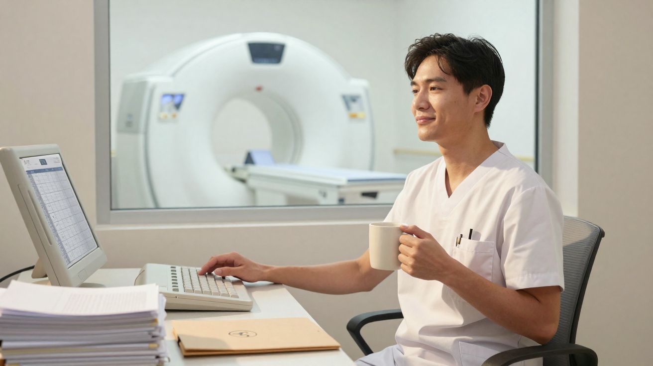 Profissional de saúde em frente a computador segurando uma caneca em sala com tomógrafo ao fundo.