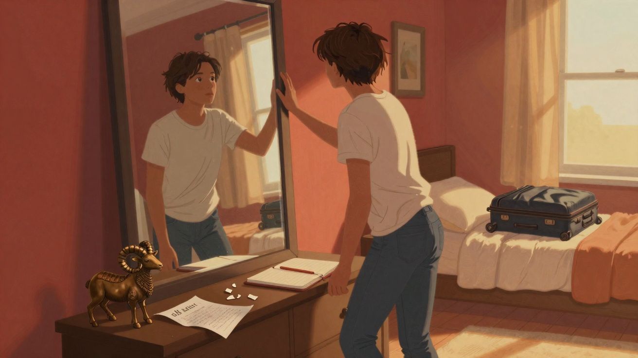 Jovem em quarto observando seu reflexo no espelho, com mala na cama e luz do sol entrando pela janela.