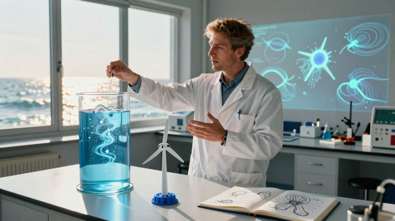 Cientista em laboratório com jaleco branco, trabalhando com líquido azul em cilindro e modelo de turbina eólica.