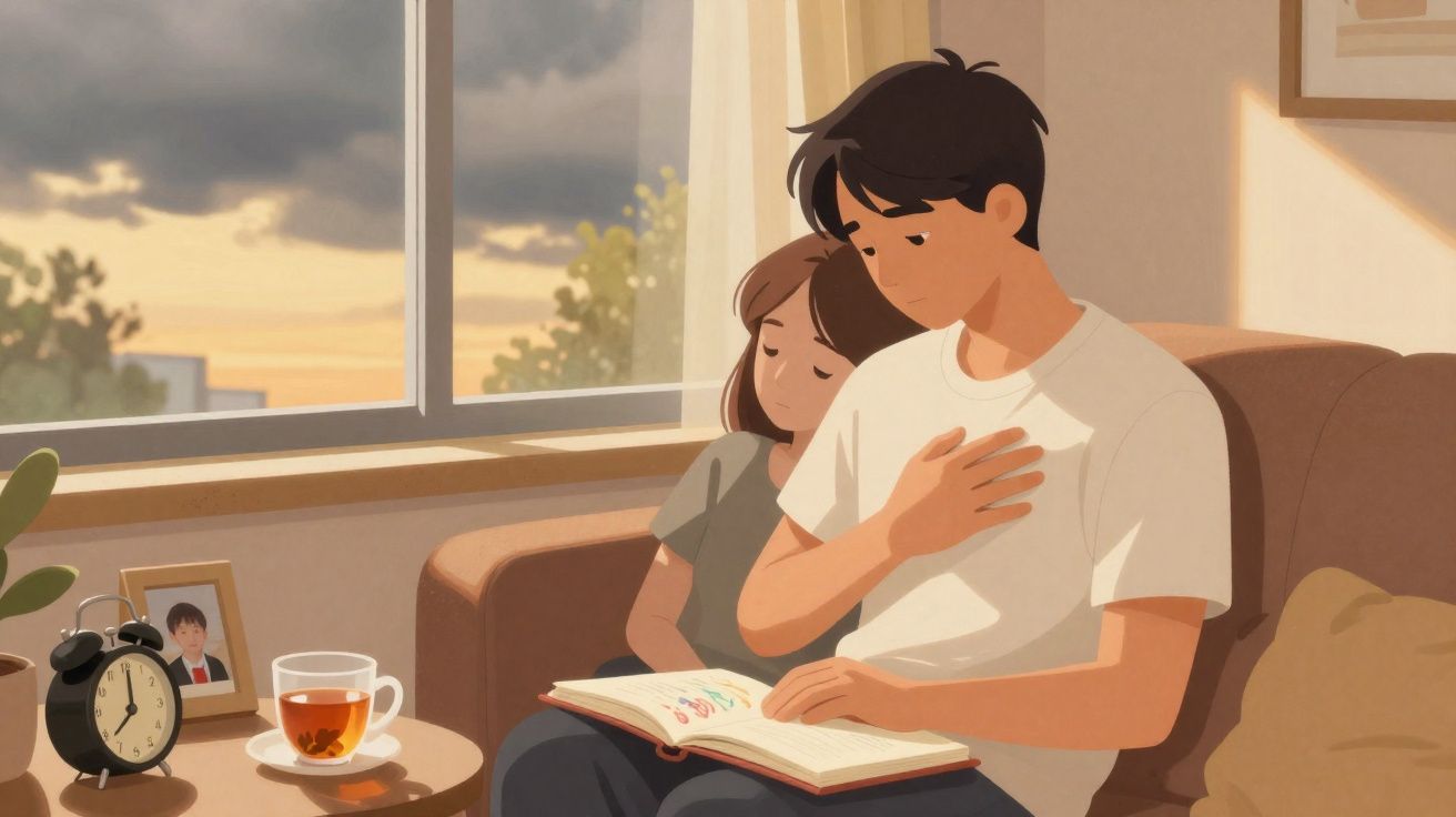 Jovem lendo livro no sofá enquanto garota encosta a cabeça em seu ombro, ambiente acolhedor ao entardecer.