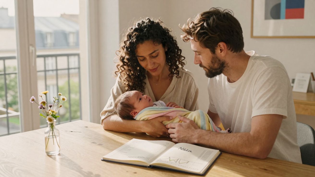 Casal olhando com carinho para bebê envolto em manta colorida na sala iluminada por luz natural.