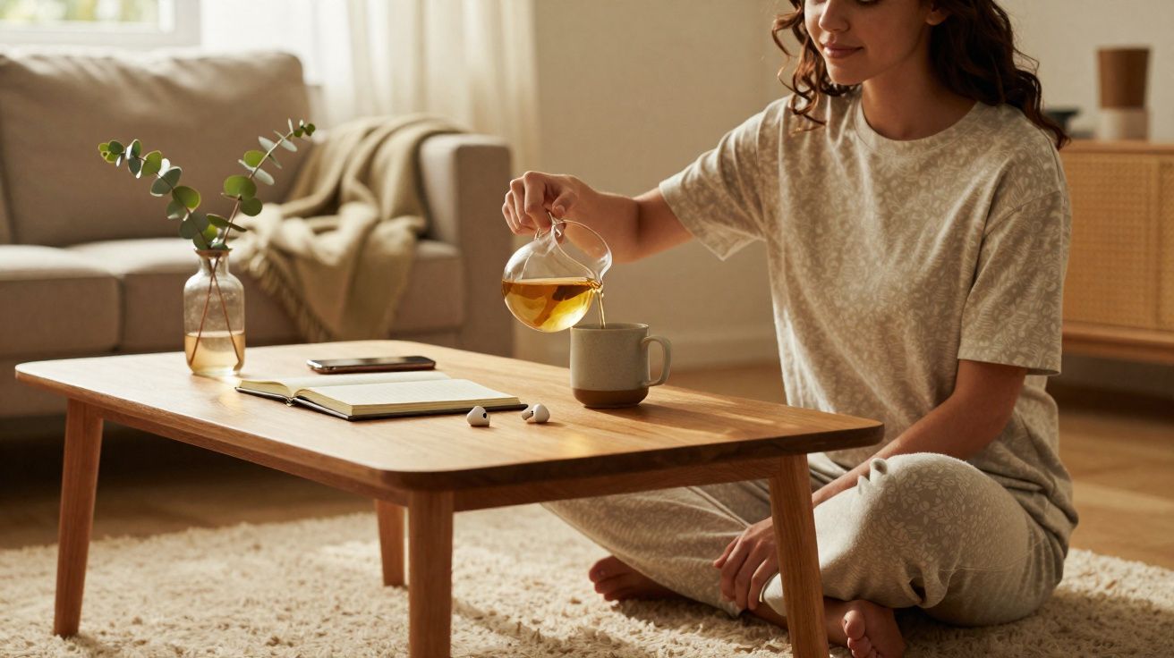 Mulher sentada no chão, vestida com pijama, derramando chá em uma caneca sobre uma mesa de madeira baixa.