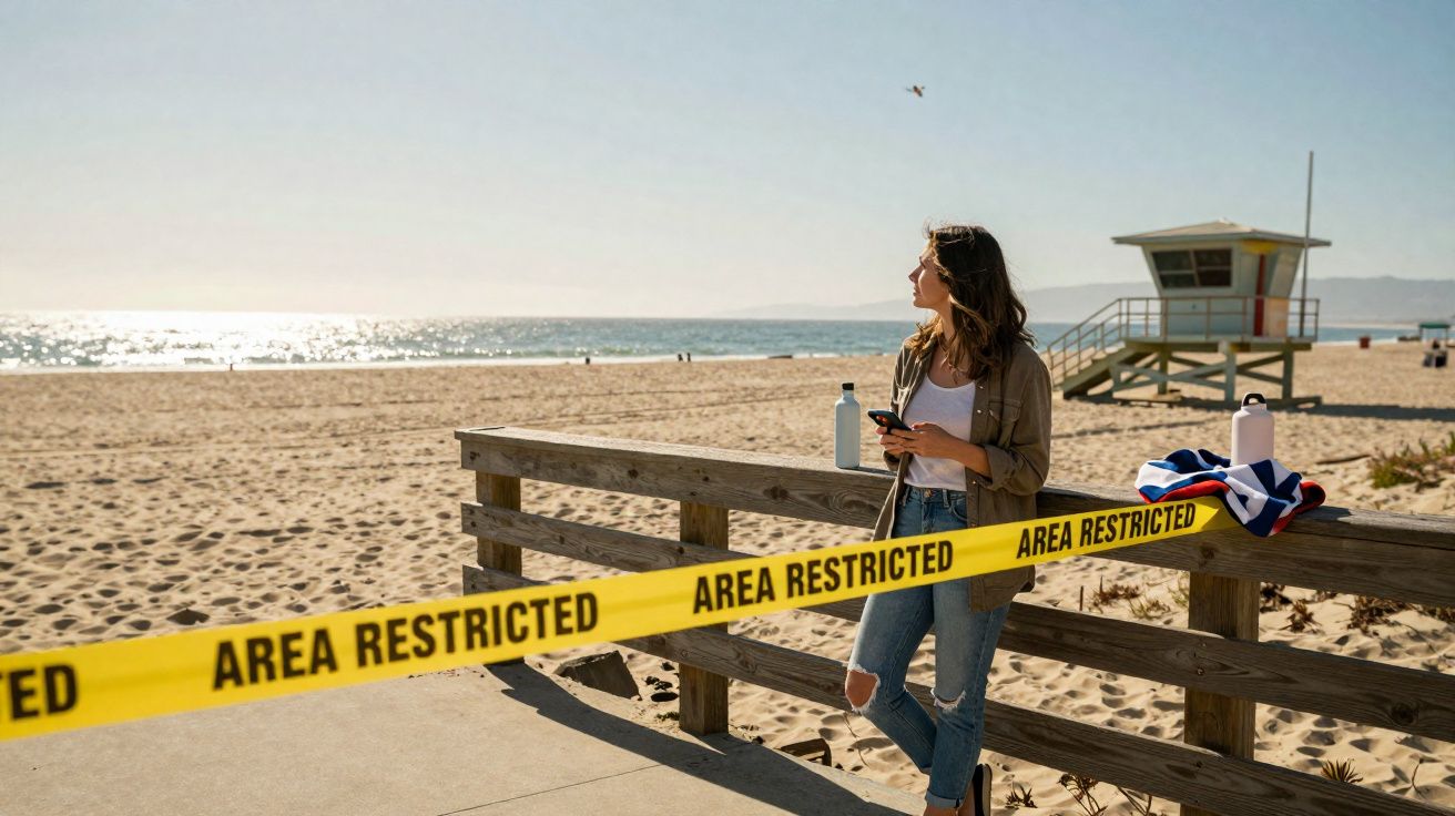 Mulher com celular observa praia isolada com faixa amarela de área restrita em dia ensolarado.