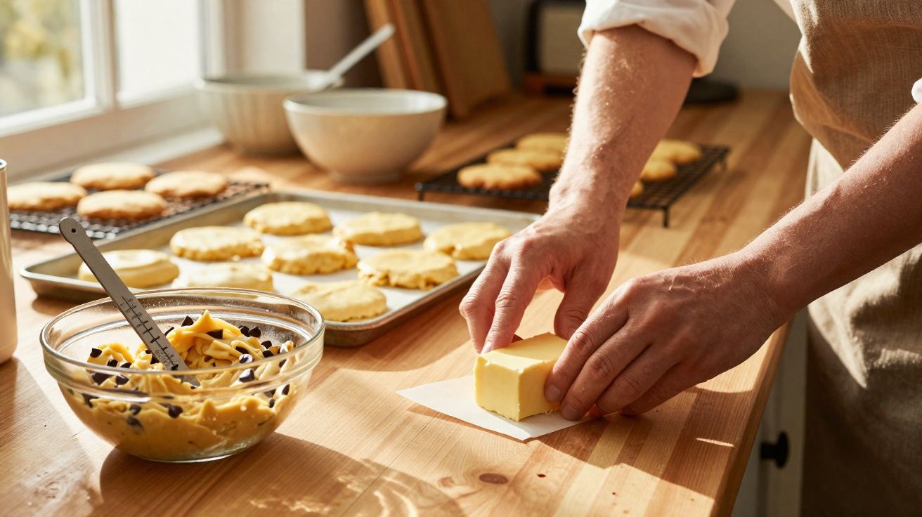 Pessoa cortando manteiga em pedaço sobre bancada de madeira com massa e biscoitos prontos ao fundo.