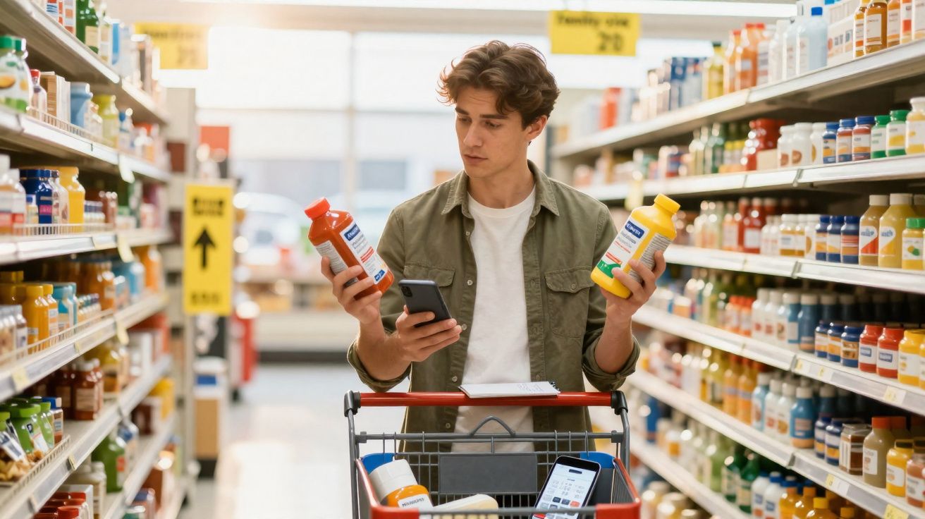 Homem em corredor de supermercado compara dois sucos enquanto consulta o celular.