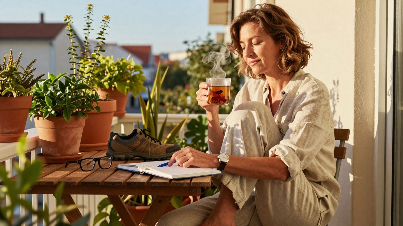 Mulher relaxando na varanda com xícara de chá, cercada por plantas em vasos e mesa de madeira.