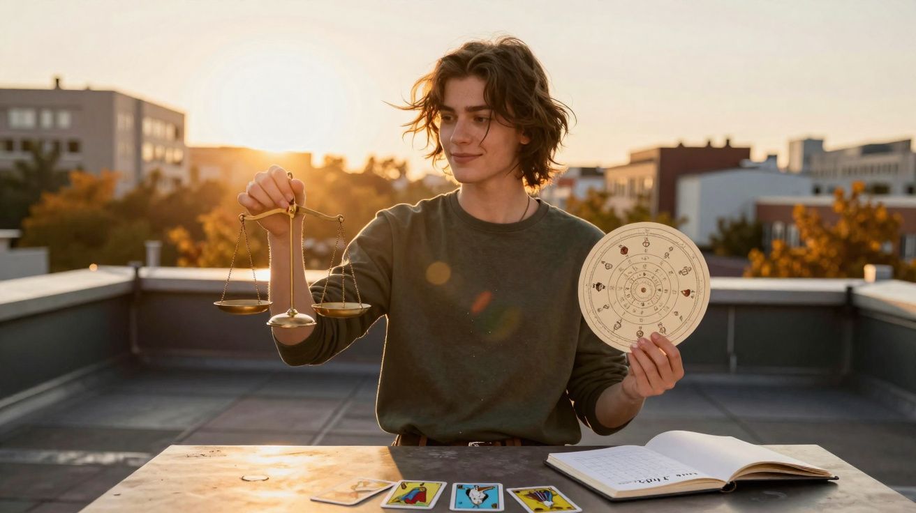 Pessoa jovem segurando balança e diagrama astrológico, com cartas de tarô e caderno à sua frente ao pôr do sol.