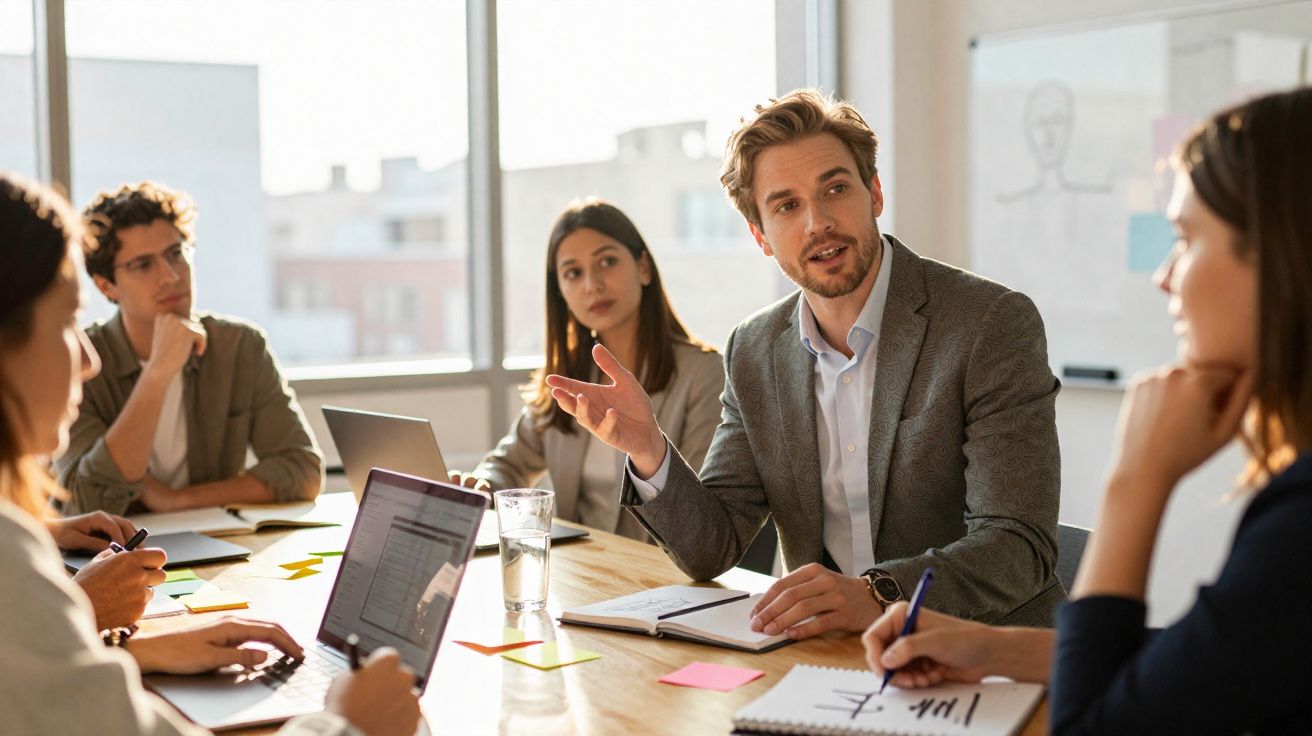 Reunião de trabalho em sala com cinco pessoas discutindo ideias e usando notebooks e cadernos.