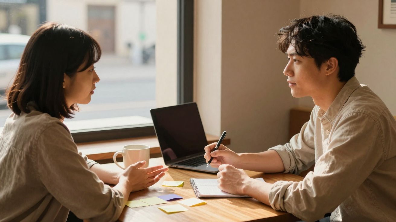Duas pessoas conversando em uma mesa com laptop, cadernos e post-its perto de uma janela.