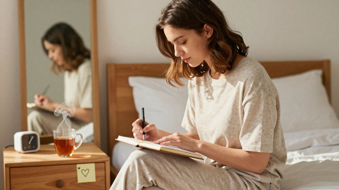 Mulher sentada na cama escrevendo em caderno, com chá e despertador na mesa ao lado.