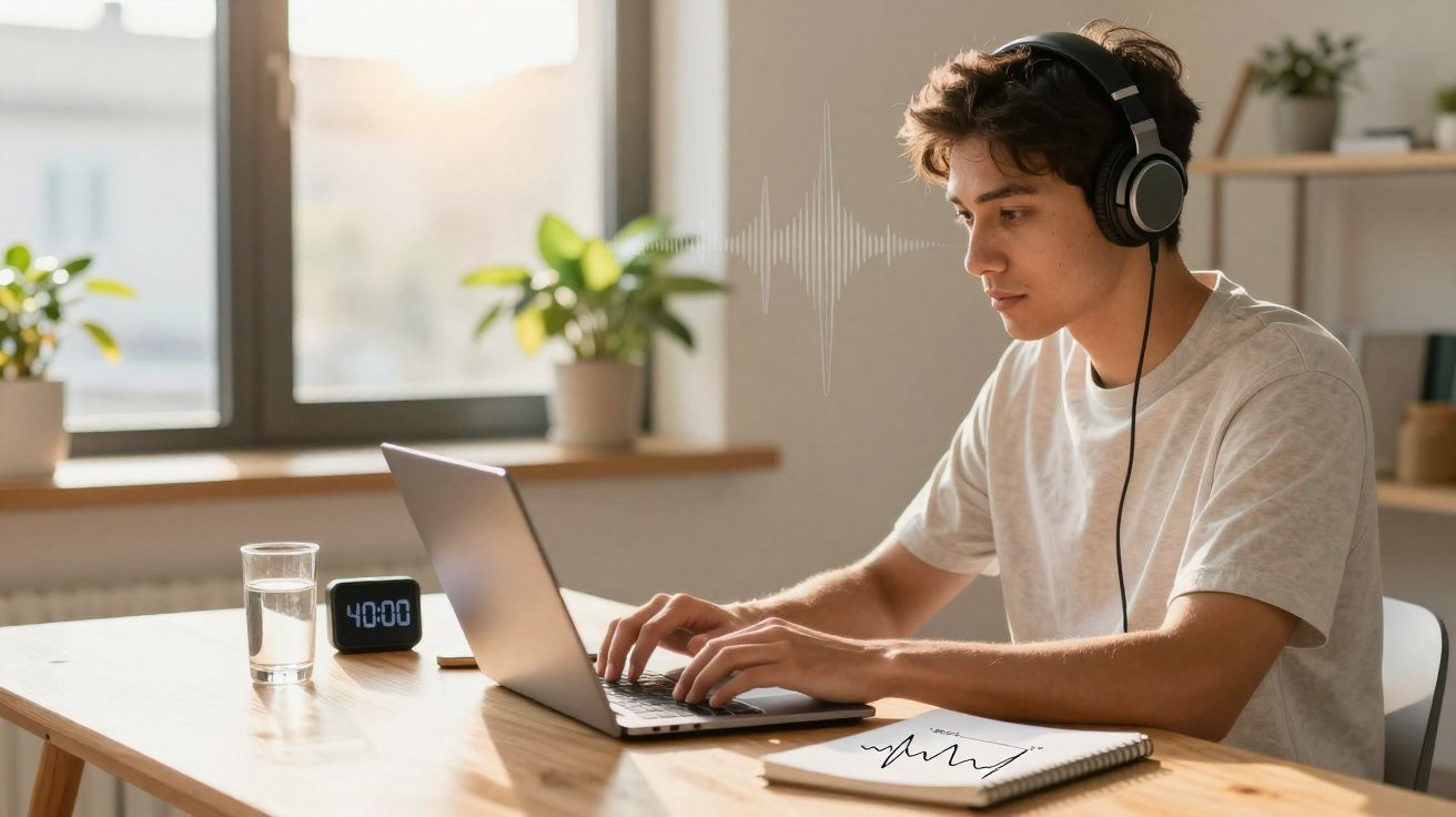 Jovem com fones de ouvido trabalhando em notebook, com copo d'água e caderno em mesa iluminada pela luz natural.