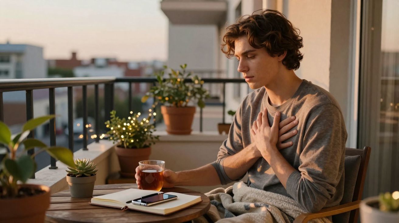 Jovem sentado na varanda com xícara de chá na mão, tocando o peito e olhando para baixo.