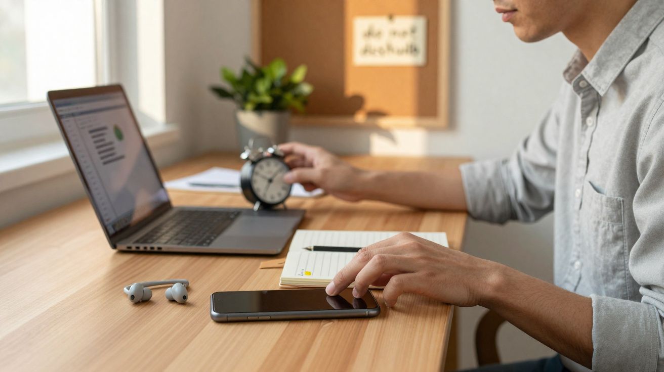 Pessoa trabalhando em mesa com laptop, celular, relógio despertador e bloco de notas.