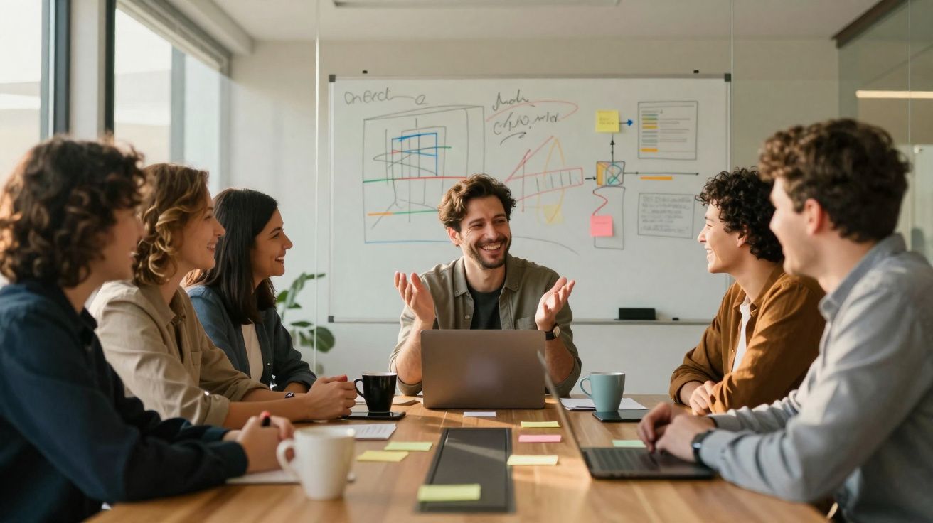 Grupo de jovens reunidos em sala moderna discutindo ideias com laptop e quadro branco ao fundo.