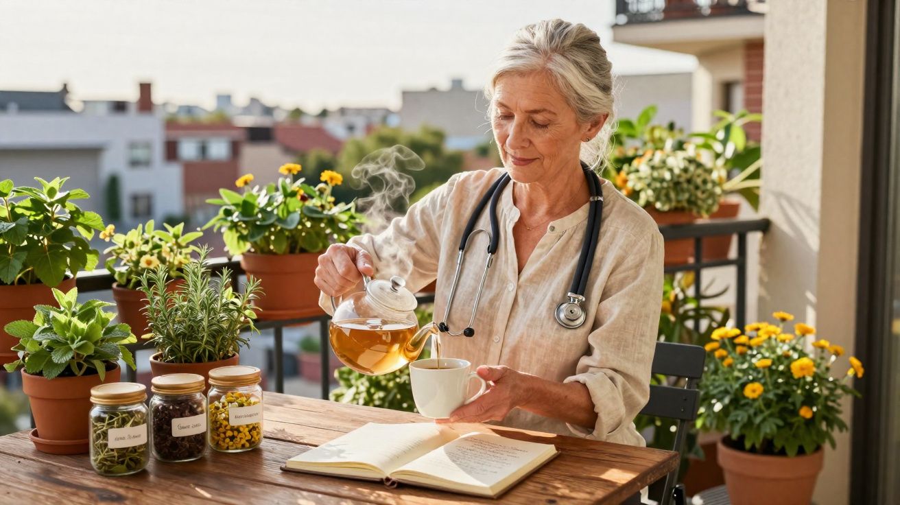 Mulher com jaleco e estetoscópio serve chá em xícara em varanda com várias plantas e livros sobre a mesa.