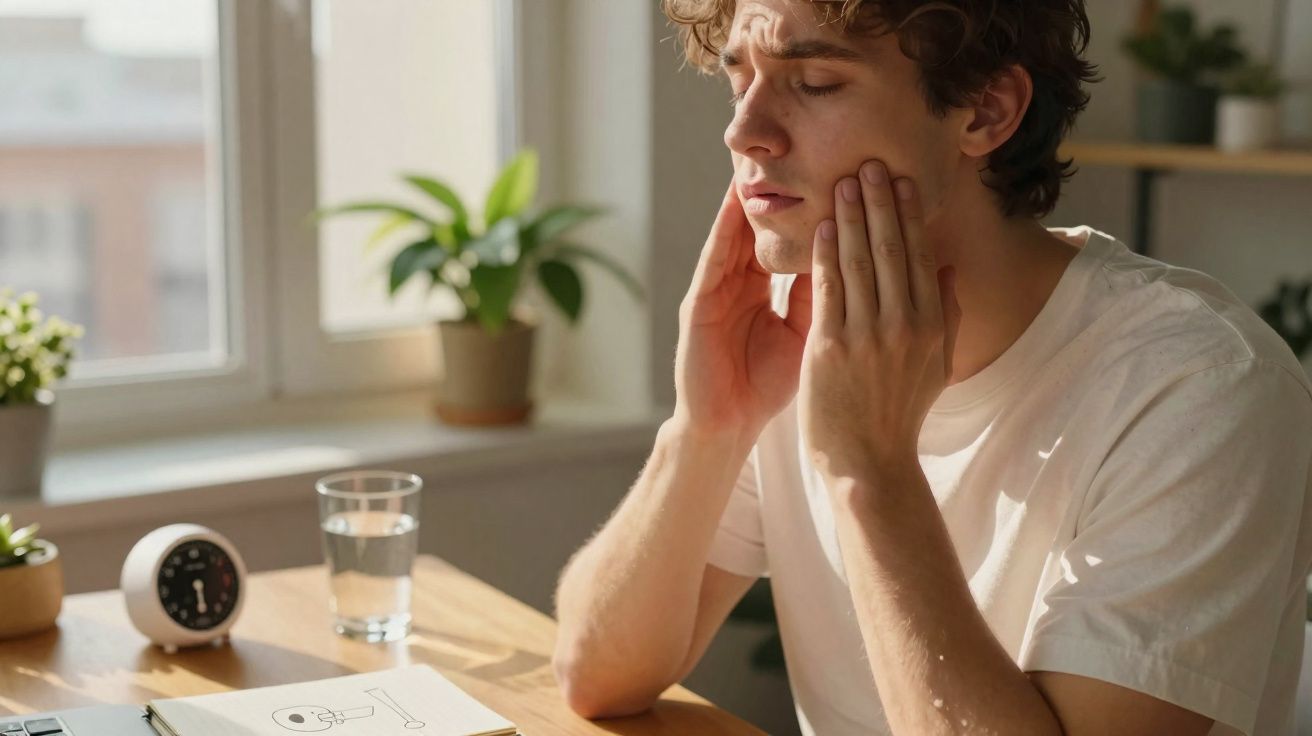 Jovem senta à mesa tocando o rosto com expressão de desconforto, ao fundo plantas e copo de água.