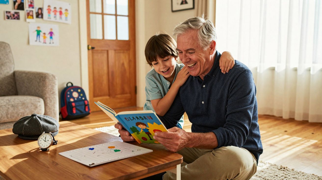 Avô e neto sorrindo enquanto leem juntos um livro colorido sentados no chão da sala iluminada.