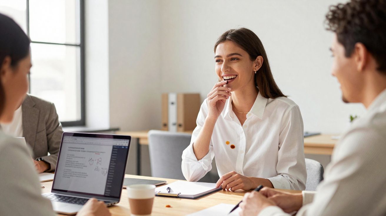 Mulher sorrindo em reunião de trabalho com colegas em escritório moderno e iluminado.