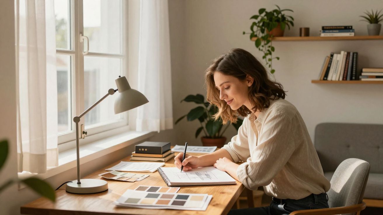 Mulher sentada à mesa iluminada por janela, escrevendo em caderno, com amostras de cores e plantas ao fundo.