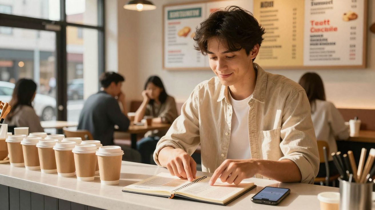 Jovem sorridente lendo livro em cafeteria com várias xícaras de café na bancada ao seu lado.