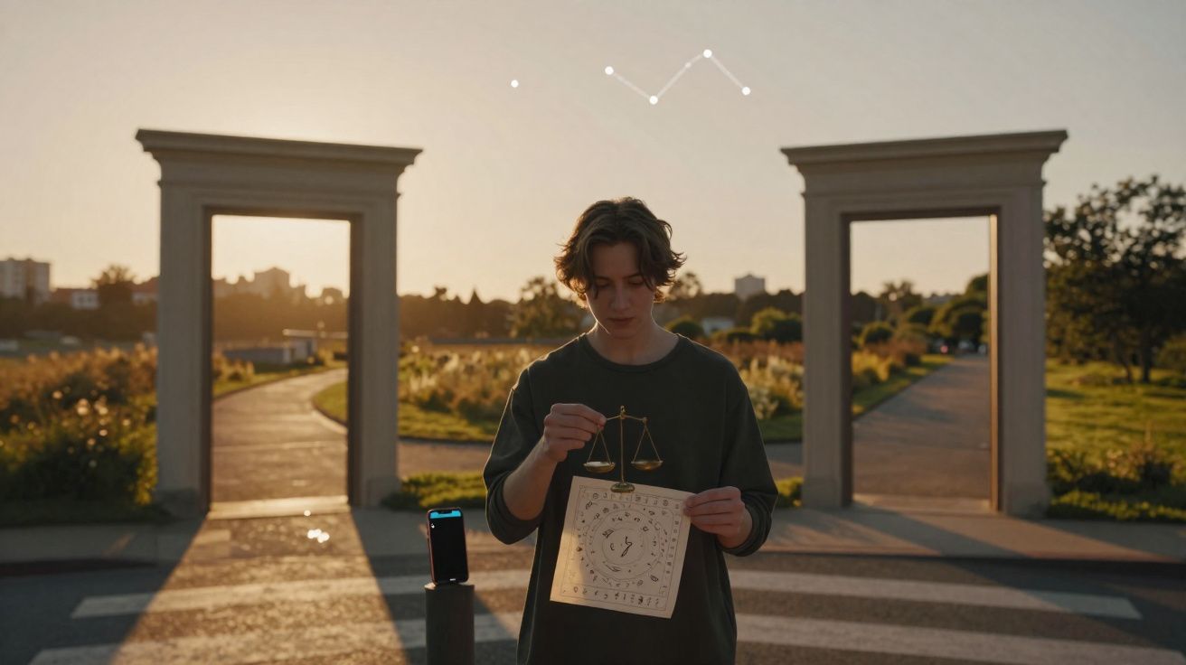 Jovem segurando balança e carta astrológica ao pôr do sol entre dois portais em parque urbano.