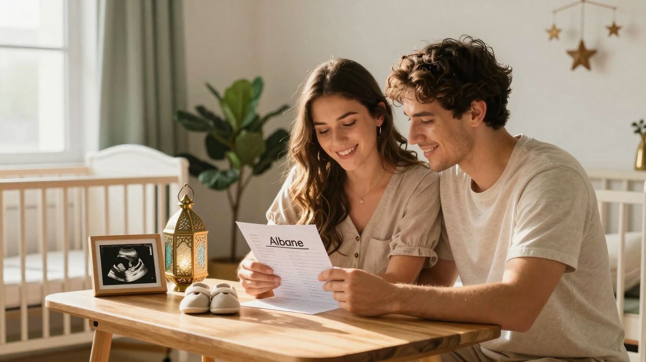 Casal jovem sorrindo sentado à mesa lendo documento com ultrassom e sapatinho de bebê ao lado.