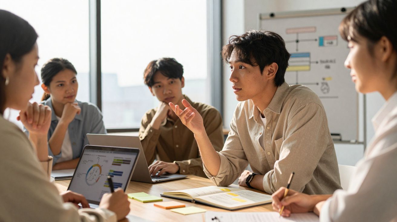 Grupo de jovens profissionais discutindo projeto em reunião com laptop e gráficos à mesa em escritório iluminado.