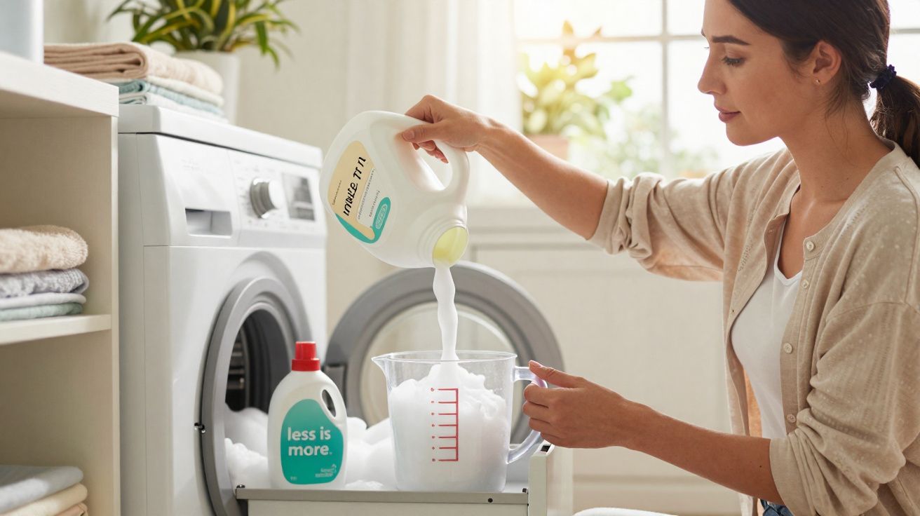 Mulher medindo sabão líquido para máquina de lavar roupa em lavanderia iluminada.
