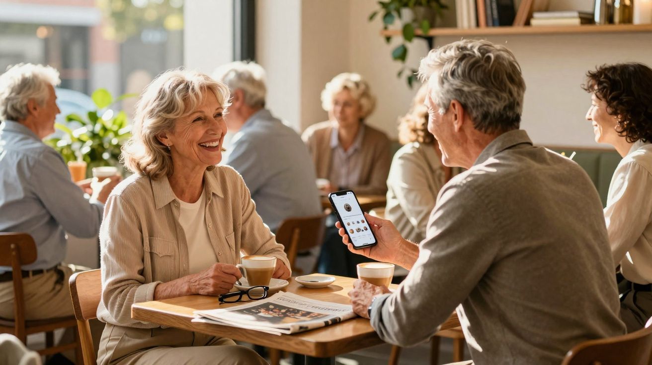 Casal de idosos sorrindo e conversando em cafeteria com café e jornal na mesa.