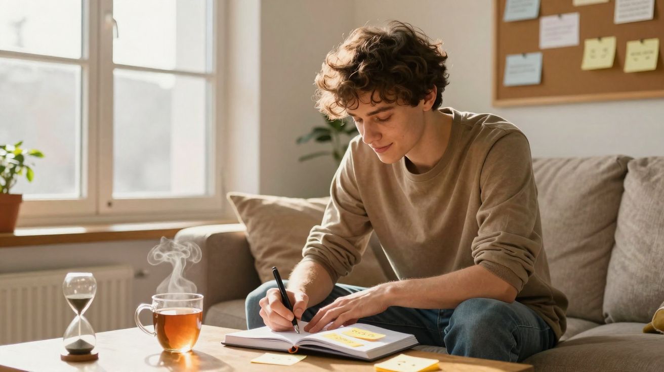 Jovem sentado no sofá escrevendo em caderno, com chá quente e ampulheta na mesa à frente.
