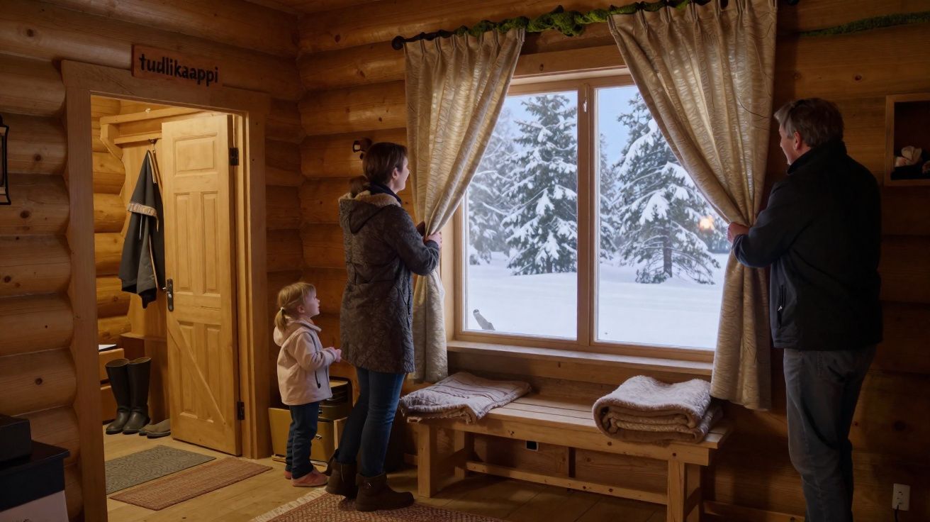 Família observa a paisagem de neve pela janela de uma casa de madeira aconchegante.