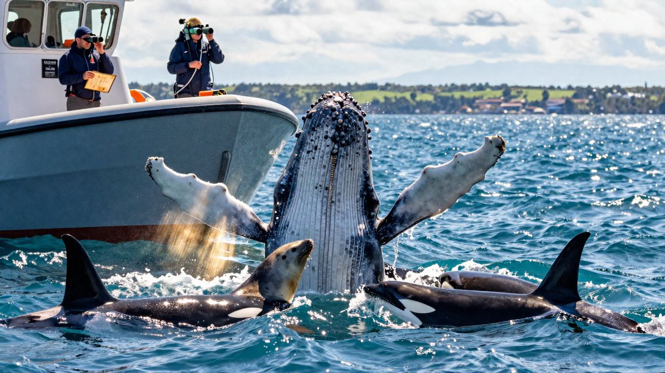 Baleia jubarte e duas orcas nadando próximas a um barco com pessoas observando com binóculos.