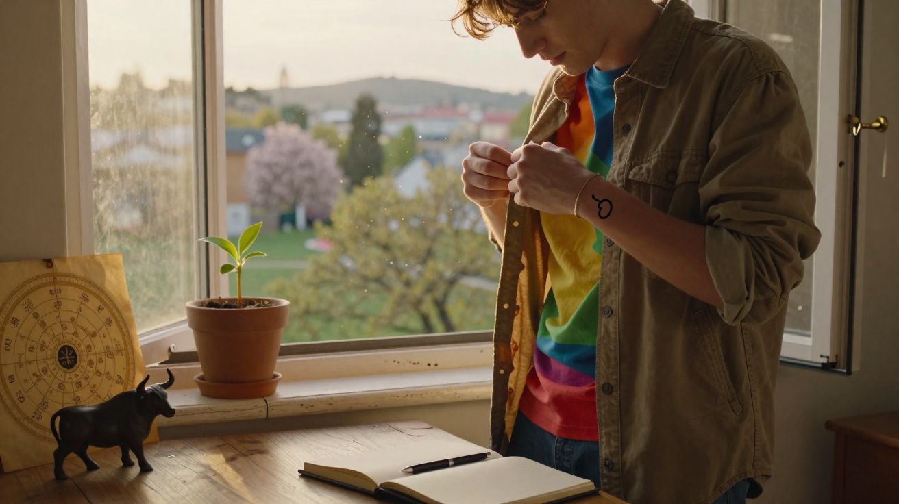 Jovem em camiseta colorida abotoando camisa, com janela aberta e mesa com caderno, planta e estátua de touro.