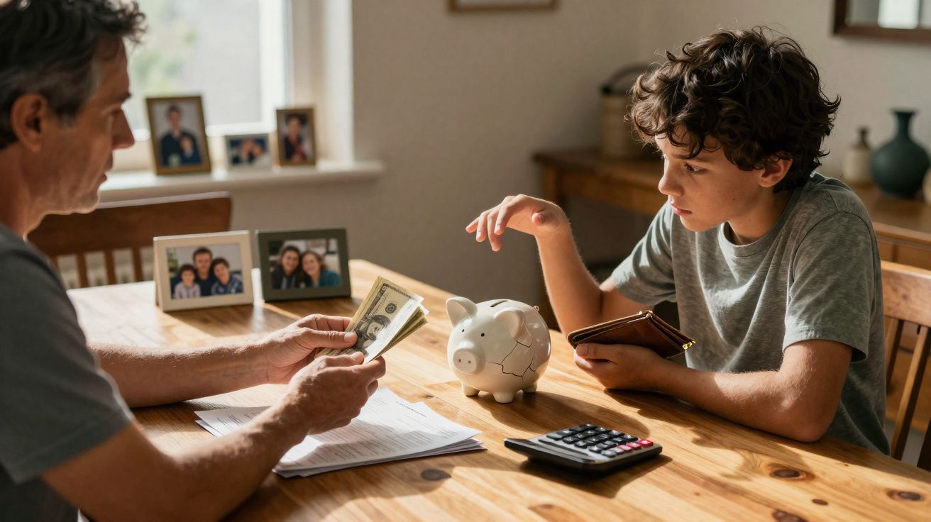 Pai e filho sentados à mesa contando dinheiro ao lado de um cofrinho quebrado e calculadora.