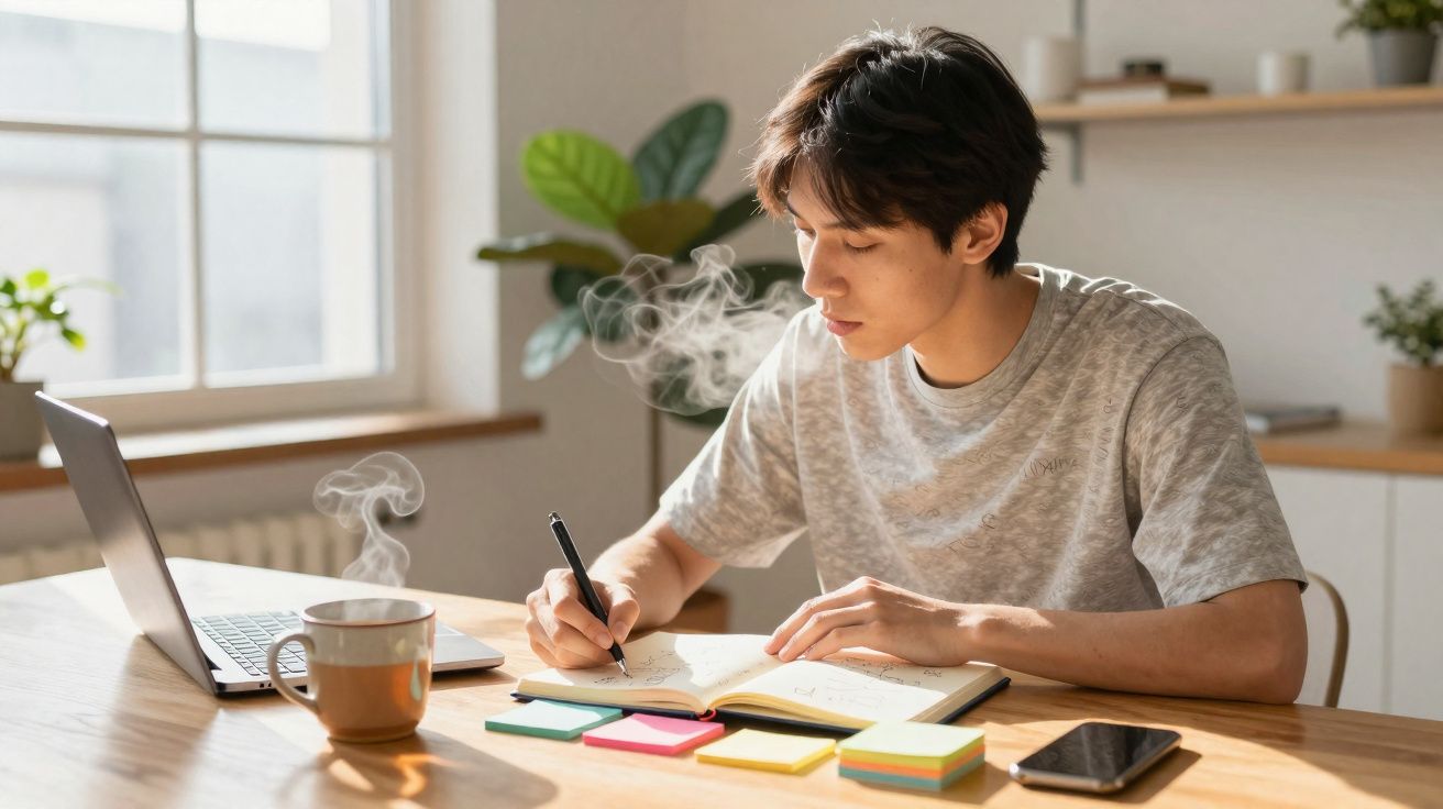 Jovem sentado escrevendo em caderno com laptop aberto, celular e caneca de café fumegante em mesa.