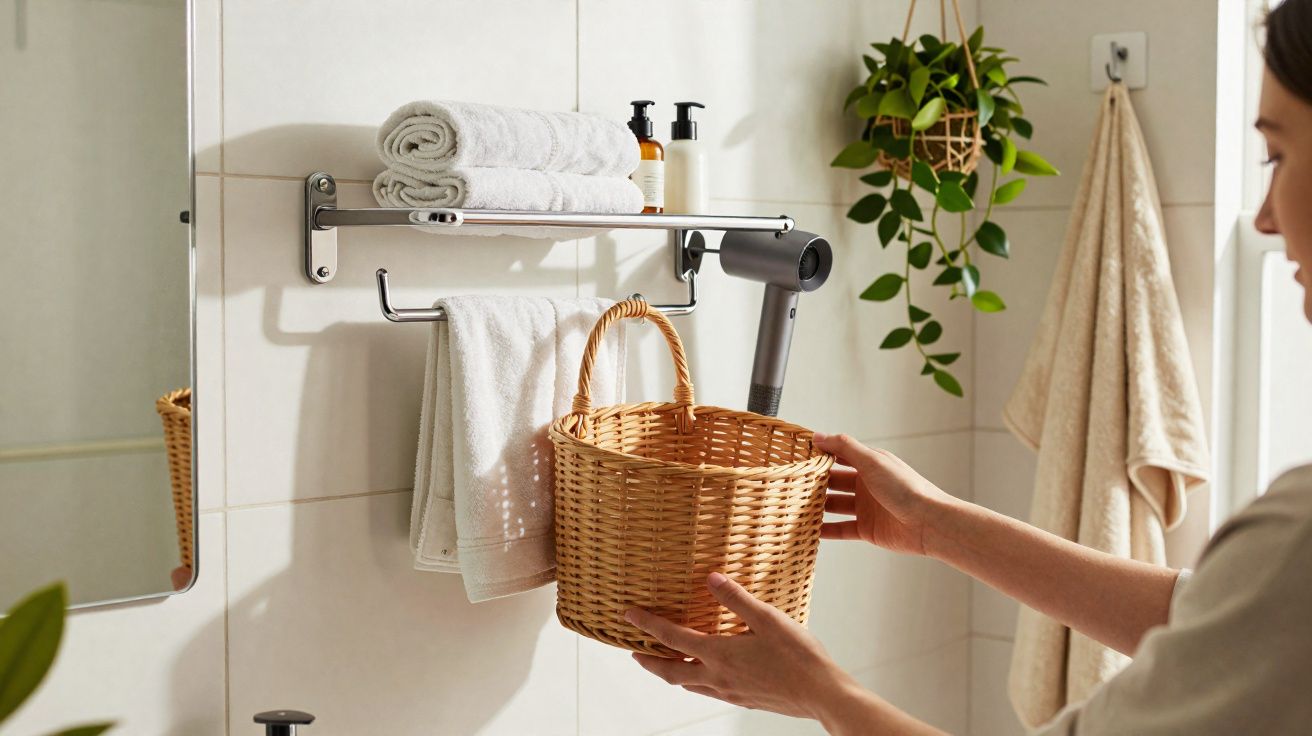 Pessoa guardando cesta de palha em banheiro com toalhas e plantas decorativas.